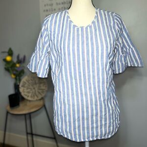 IZOD Blue White Yellow Striped Linen Blend Button Back Ruffle Sleeve Blouse M